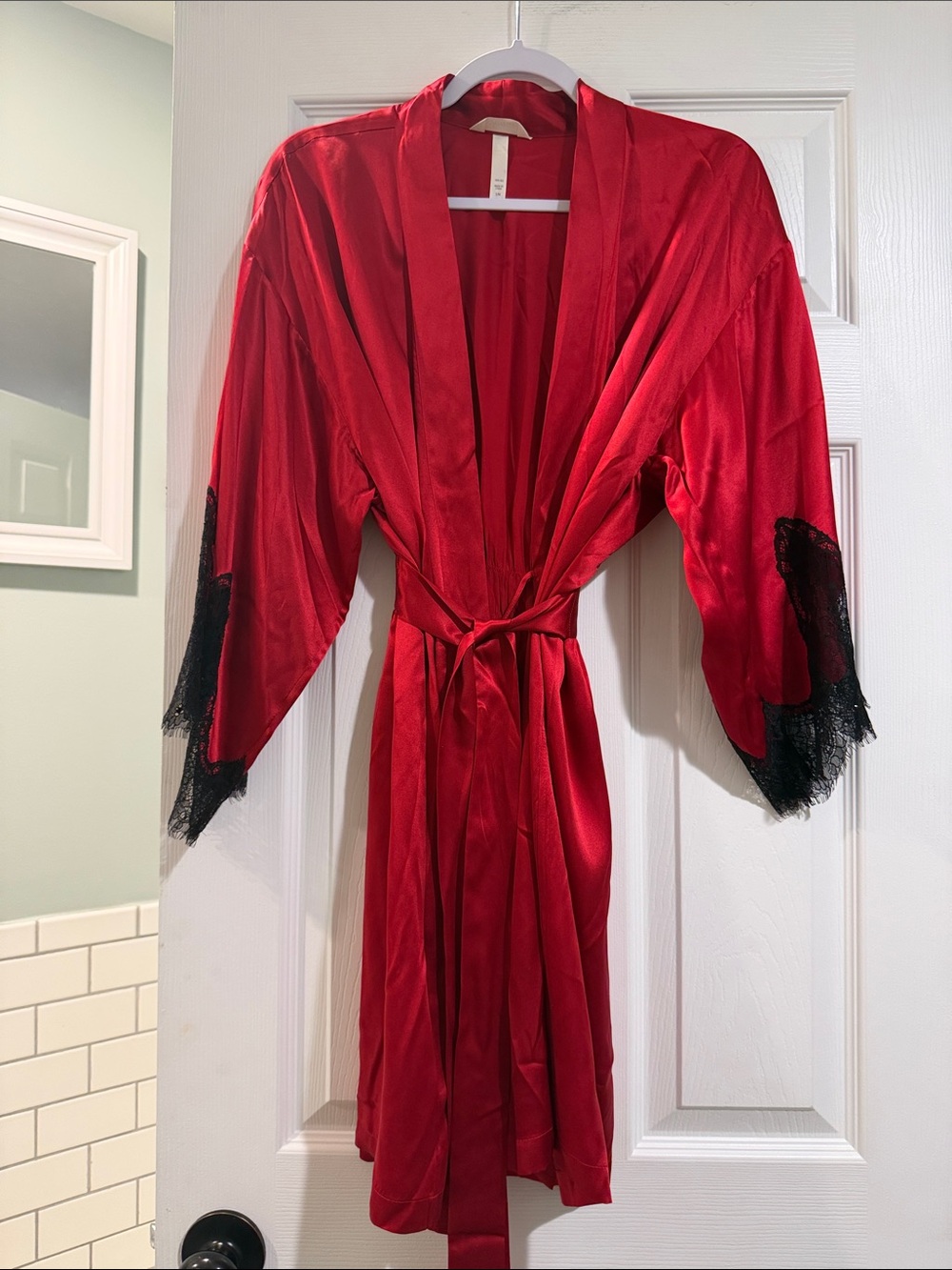 Soma Red Silk Robe with Black Lace Cuffs -Small/Medium